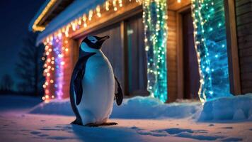 A penguin stands in the snow near a house adorned with colorful holiday lights. photo