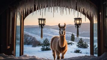 A llama stands in a snowy landscape framed by an archway with icicles and lanterns. photo