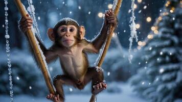 A playful monkey swings amidst a snowy landscape with twinkling lights. photo