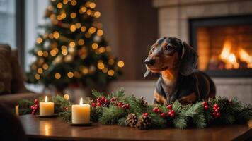 A dachshund sits on a table decorated with holiday greenery and candles, with a Christmas tree behind. photo