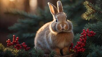 A rabbit sits among pine branches and berries, illuminated by soft sunlight. photo