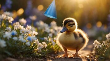 A duckling wearing a party hat stands amidst flowers in a sunlit garden. photo