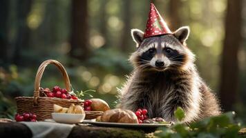 A raccoon wearing a party hat sits beside a picnic spread in a forest setting. photo