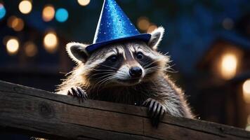 A raccoon wearing a party hat, celebrating in a festive outdoor setting. photo