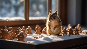 A chipmunk stands among gingerbread figures in a snowy scene by a window. photo