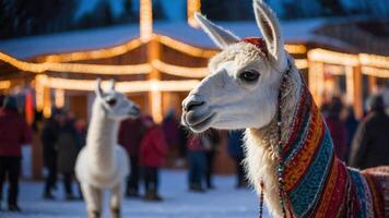 Two llamas in a snowy setting with festive lights and people in the background. photo