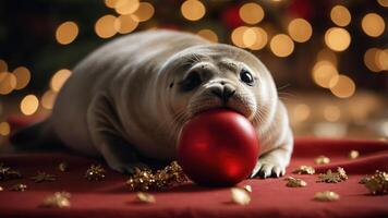A playful seal resting on a festive table with a red ornament, surrounded by holiday lights. photo