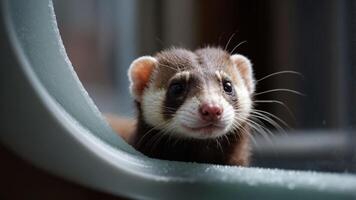 A close-up of a curious ferret peering through a window. photo