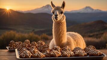 A llama poses with gingerbread cookies at sunset in a scenic mountainous landscape. photo