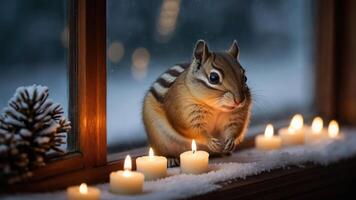 A chipmunk sits by a window with candles, creating a cozy winter atmosphere. photo