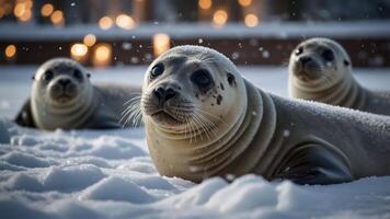 Three seals resting in snow, surrounded by a wintery scene with soft snowfall. photo