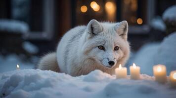 A white fox surrounded by candles in a snowy landscape, creating a serene atmosphere. photo