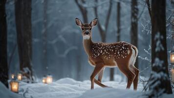 A serene deer stands in a snowy forest illuminated by lanterns. photo