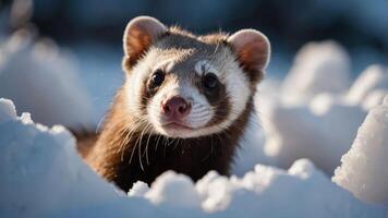 A close-up of a ferret in snowy surroundings, showcasing its curious expression. photo