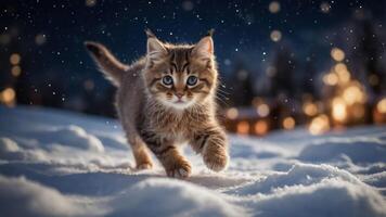A playful kitten running through the snow in a winter landscape. photo