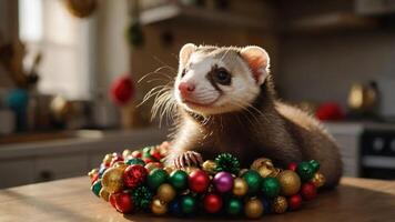 A playful ferret resting on a festive wreath adorned with colorful ornaments. photo