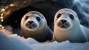 Two curious seals sit on snow, gazing at the viewer, with a cave in the background. photo