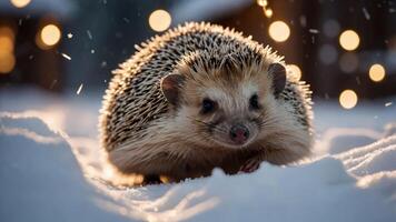 A hedgehog in the snow, illuminated by soft lights, creating a cozy winter atmosphere. photo