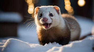 A ferret exploring snowy ground, showcasing its playful nature in a winter setting. photo