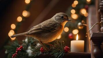 A bird perched on greenery beside a candle, with festive lights in the background. photo