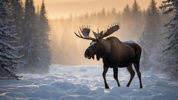 A majestic moose walks through a snowy forest at dawn, surrounded by mist and trees. photo