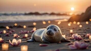 A serene seal rests on a beach adorned with flowers and candles at sunset. photo