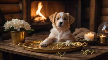 A cute puppy rests on a tray surrounded by flowers and candles in a cozy setting. photo
