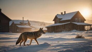 A coyote walks through a snowy landscape with rustic houses under a sunset. photo