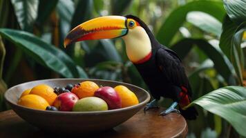 A colorful toucan perched beside a bowl of assorted fruits in a lush, green environment. photo