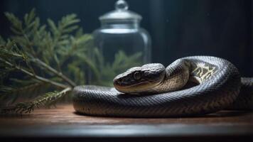 A coiled snake resting on a wooden surface with greenery and a glass jar in the background. photo