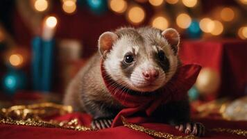 A ferret wearing a red bowtie surrounded by festive decorations and lights. photo