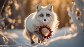 A white fox carries a festive wreath in a snowy landscape, illuminated by soft sunlight. photo