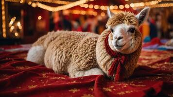 A cozy llama rests on a vibrant red blanket, surrounded by festive lights. photo