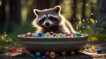 A raccoon sits in a bowl filled with colorful marbles, surrounded by a forest backdrop. photo