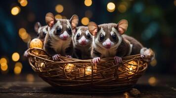 A group of adorable sugar gliders in a cozy nest with festive lights. photo