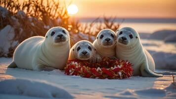 Four adorable seals resting in a snowy landscape during sunset. photo