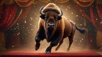 A powerful bison charging on stage, surrounded by dramatic curtains and sparkling effects. photo
