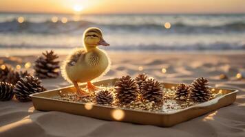 A duckling stands on a tray surrounded by pinecones on a beach at sunset. photo