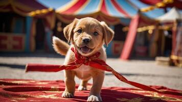 A playful puppy wearing a red ribbon in a vibrant circus setting. photo