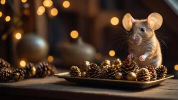A cute mouse sits on a tray of pinecones and ornaments, surrounded by warm lights. photo