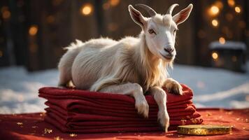 A goat resting on red blankets with a festive backdrop. photo