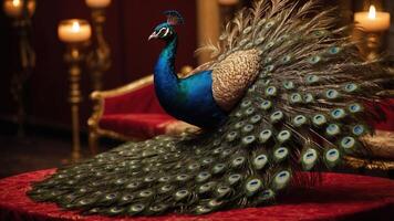 A peacock displaying its vibrant feathers in an elegant setting. photo