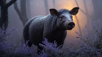 A pig stands amidst misty woods and purple flowers, creating a serene, enchanting atmosphere. photo