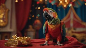 A colorful parrot sits on a table with decorative gifts in a festive setting. photo