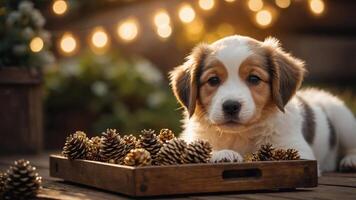 A cute puppy rests on a wooden surface surrounded by pine cones and soft, glowing lights. photo