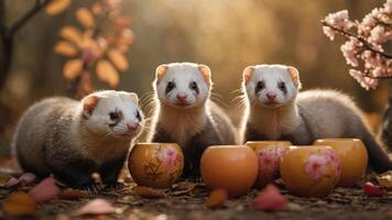Three ferrets playfully positioned near decorative bowls in a serene, autumnal setting. photo