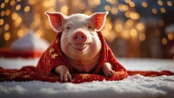 A cheerful pig wrapped in a festive blanket, set against a backdrop of twinkling lights. photo