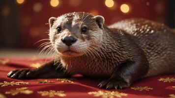 A close-up of a playful otter on a festive red surface with golden decorations. photo