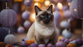A serene cat surrounded by colorful lanterns and flowers, creating a cozy atmosphere. photo