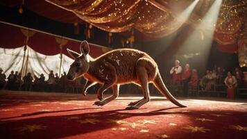 A kangaroo performs in a circus under bright lights and a decorated tent. photo